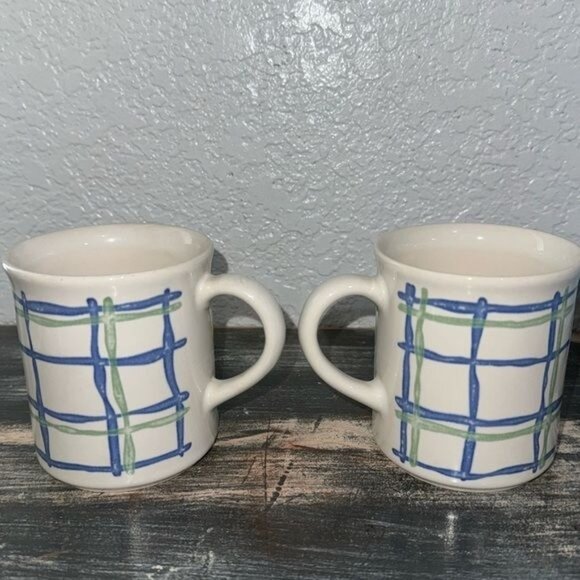 Set Of 3  Mugs With Blue & Green Plaid Design - Picture 2 of 6